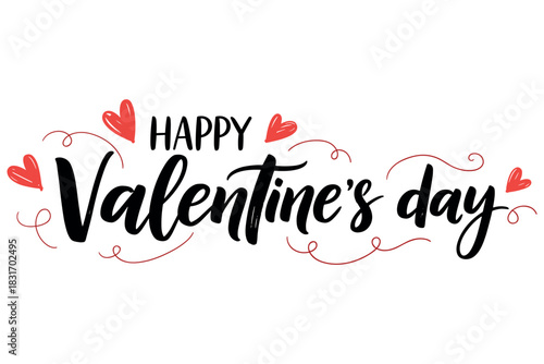 Happy Valentine’s Day Typography Set with Hearts, Floral Elements and Decorative Calligraphy for Romantic Holiday Designs