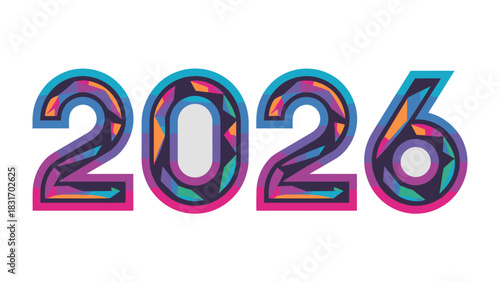 Year 2026: An abstract representation of the number 2026, rendered in a vibrant and colorful style with geometric patterns and bright hues.