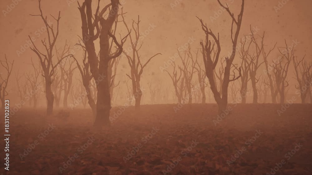 custom made wallpaper toronto digitalGlobal warming concept showing a barren landscape heavy Dust with dead trees and dry rocky ground at sunset fog. 3d animation. 4K.