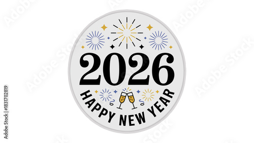 New Year 2026: A Festive Circular Design with fireworks and champagne glasses, perfect for holiday greetings and celebrations. 