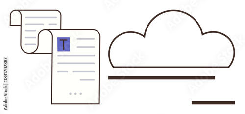Digital documents transitioning to a cloud structure, symbolizing data sharing, digital storage, and remote access. Ideal for technology, collaboration, cloud computing, innovation, file sharing