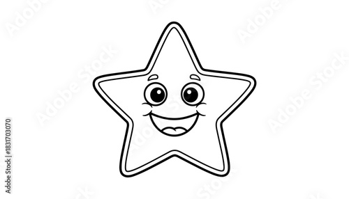 Smiling star character with happy face and eyes in black and white outline