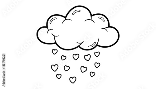 Cute hand drawn cloud with heart raindrops on white background