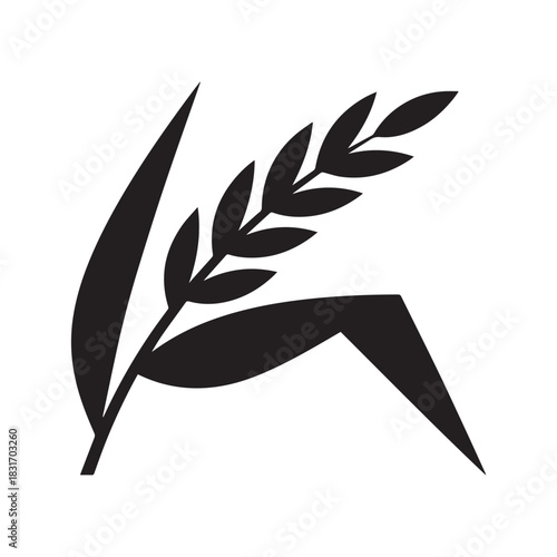 Simple Black Silhouette of a Wheat Ear Stalk with Grain and Leaf. 