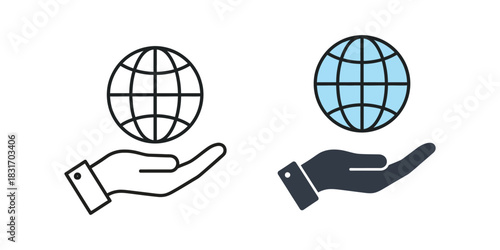 Global care and sustainability icons with a hand holding a globe