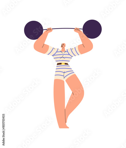 Strongman lifts barbell on circus stage. Strong man in retro striped suit holds heavy weight in cirque. Person is weightlifting, pumps muscles. Flat isolated vector illustration on white background