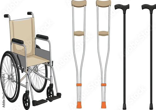 Disability and Mobility Aids: Wheelchair, Crutches, and Walking Canes Vector Illustration
