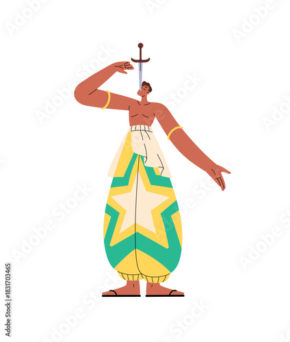 Sword swallower is on circus stage. Cirque artist shows dangerous tricks on performance. Performer in colourful costume is with blade in mouth. Flat isolated vector illustration on white background