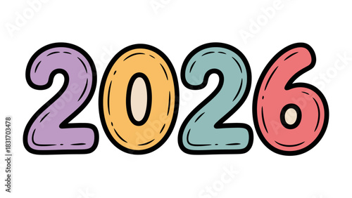 Year 2026: The vibrant year 2026, rendered with playful illustration, evokes a sense of anticipation and the promise of new beginnings. Each digit bursts with unique colors.