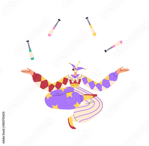 Happy juggler shows tricks in circus. Cirque artist in colourful costume, funny clown is juggling. Performance of harlequin, jester on stage. Flat isolated vector illustration on white background