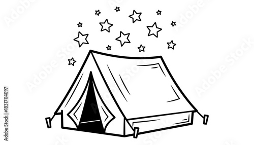 Camping tent with stars: hand drawn outdoor adventure scene