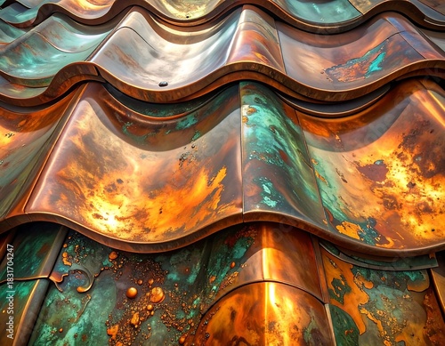 Aged copper roof tiles showcasing beautiful patina and texture details