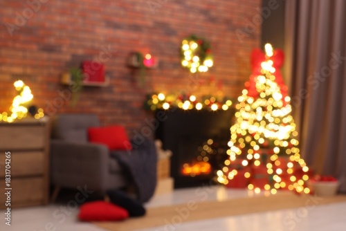 Blurred view of beautiful room decorated for Christmas. Interior design