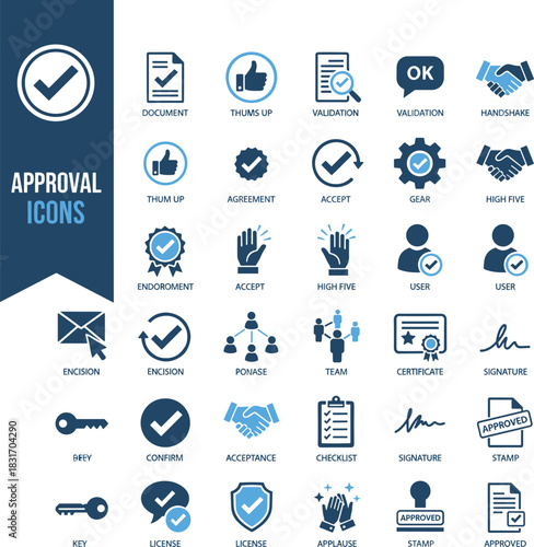 Approval icons, validation symbols, agreement visuals, certified status graphics, endorsement tools, accepted elements, flat vector illustration