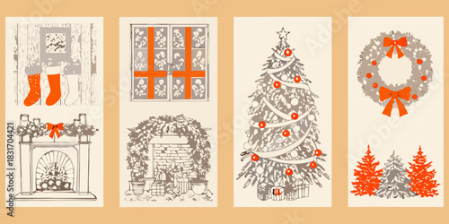Hand drawn christmas holiday illustrations with fireplace wreath tree and window