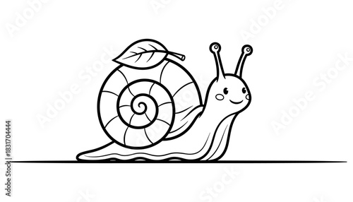 Adorable snail with leaf on shell in minimalist black and white style