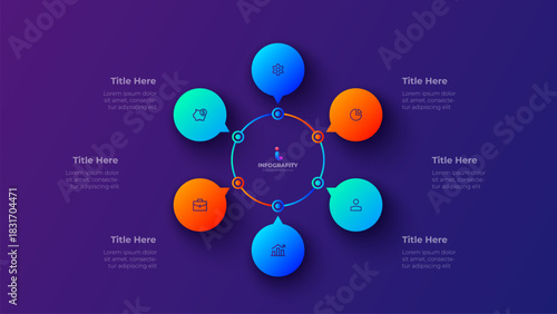 6 Steps circular infographic chart with neon gradient spheres. Vector business workflow and planning process visualization