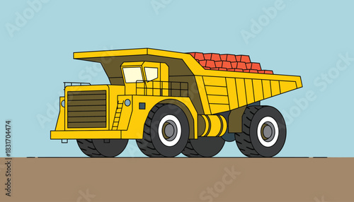 Heavy Duty Yellow Dump Truck Illustration Loaded with Material. Industrial Mining Haul Truck Vector Art on Blue Background.