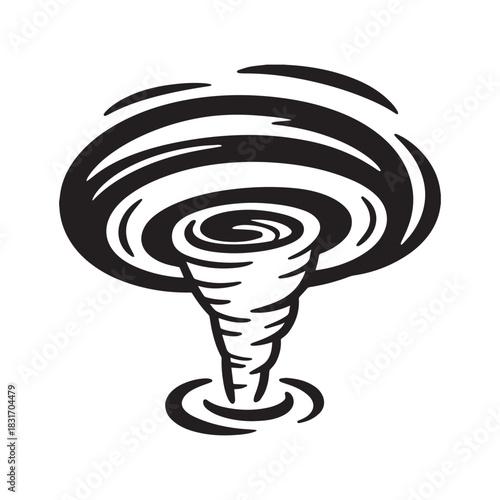 Stylized Black and White Tornado or Whirlwind Icon Showing a Powerful Rotating Funnel.