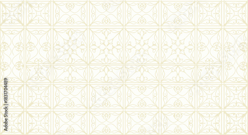 Intricate geometric tile pattern with elegant symmetrical floral motifs in soft beige and cream