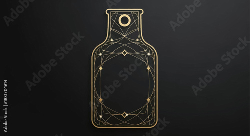 Abstract geometric gold outline of a bottle with interconnected lines and shapes on dark background