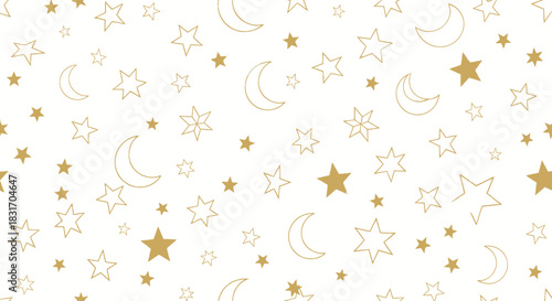 Elegant gold celestial pattern featuring stars moons and constellations on a white background
