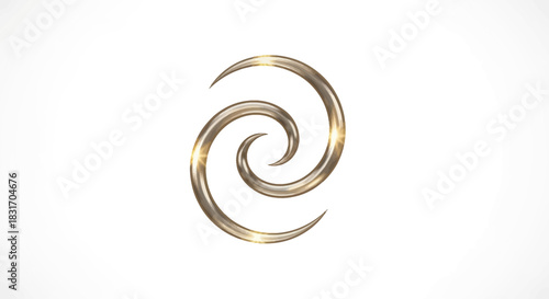 Elegant metallic spiral symbol with radiant light effects on white background for modern design