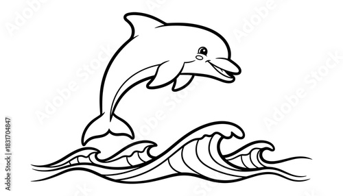 Playful dolphin leaping over ocean waves in outline style art