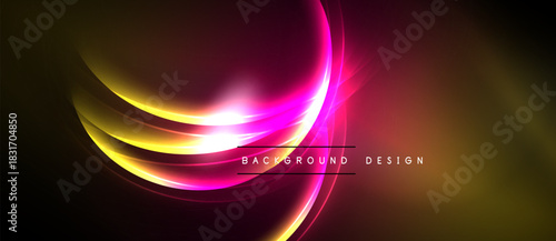 Abstract design features vibrant curves, glowing lines. Pink, yellow hues blend into dark background. Modern, dynamic visual element.