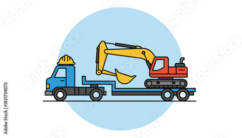 Heavy Equipment Transport: Excavator on Flatbed Truck Illustration with Hard Hat Driver, Construction Industry Concept