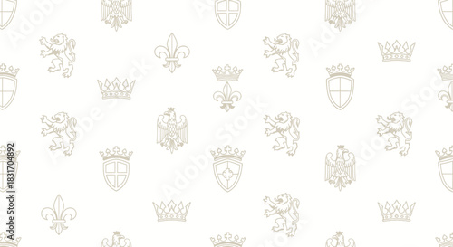 Seamless Pattern Featuring Medieval Heraldry Emblems and Royal Symbols for Elegant Design