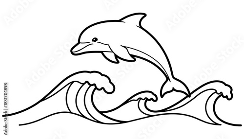 Dolphin leaping over ocean waves in black and white line art
