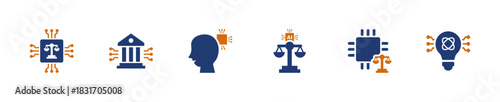 AI governance icon set. Policy ethics justice regulation brain chip idea solid style editable
