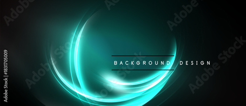 Abstract neon swirls, vibrant turquoise hues, dark background. Minimalist design elements create dynamic visual impact. Text reads background design.
