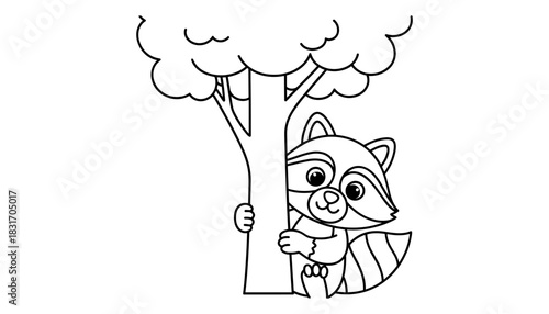 Cute raccoon hugging tree in simple outline drawing for kids coloring