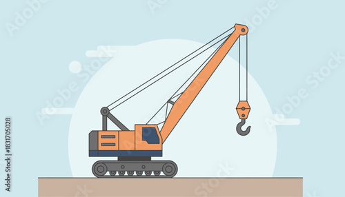 Orange Crawler Crane Flat Design Illustration on Construction Site Background for Industrial Building Projects