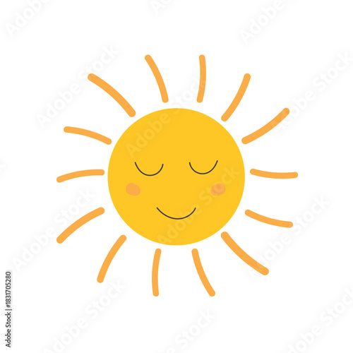 Cute sun with smile for kids isolated on white background.