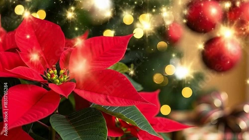 Red Poinsettia Flower with Blurred Christmas Tree Lights and Ornaments