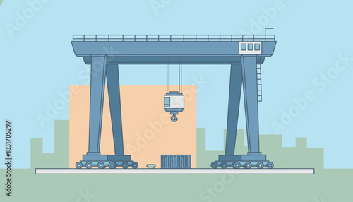 Modern Industrial Gantry Crane with Hook and Container in Flat Design Vector Illustration; Heavy Lifting Equipment for Logistics, Port, or Warehouse Operations