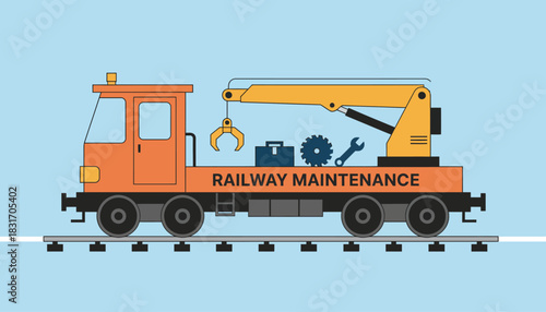 Flat Design Vector Illustration of a Railway Maintenance Vehicle with Crane and Tools on Tracks; Essential for Infrastructure Repair and Engineering