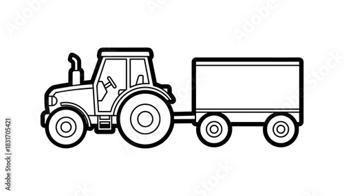 Black and white outline of a tractor with trailer on white background