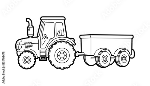 Outline of farm tractor with trailer - black and white line art