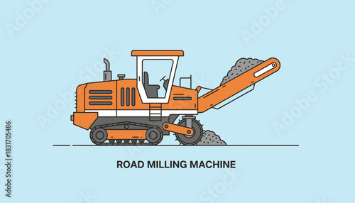 Orange Road Milling Machine Flat Vector Illustration on Light Blue Background. Asphalt Removal and Construction Equipment Graphic Design.