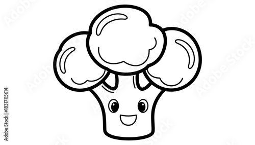 Cute black and white cartoon broccoli with smiling face