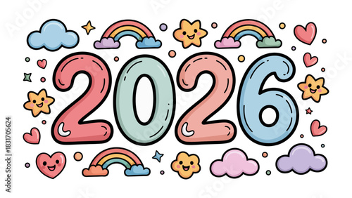 New Year's Wish: A whimsical design for the year 2026, surrounded by charming illustrations. Capturing a sense of anticipation and optimism.