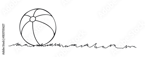 Simple black and white line drawing of a beach ball resting on sketched grass, perfect for summer themed projects and playful designs.