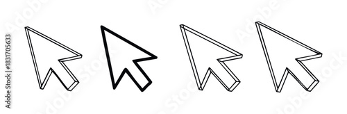 Selection of simple pointer cursor icons in different styles and thickness for user interface and navigation symbol applications.