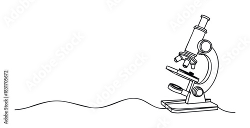 Scientific microscope line drawing presented on a plain background with a wavy line suggesting movement and scientific exploration for education and research purposes
