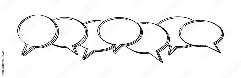 Fototapeta premium Series of hand drawn speech bubbles overlapping each other in a horizontal line on a white background for communication concepts and discussion themes