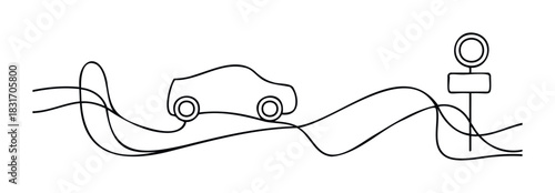 Whimsical oneline drawing of a car navigating a winding path with a traffic sign, perfect for conveying journeys, progress, or navigation concepts in graphic projects.